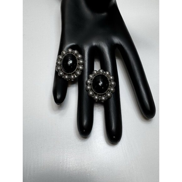 Mexican Sterling Silver Taxco Mexico Cabochon Onyx Oval Stud Earrings Modernist - Picture 9 of 10